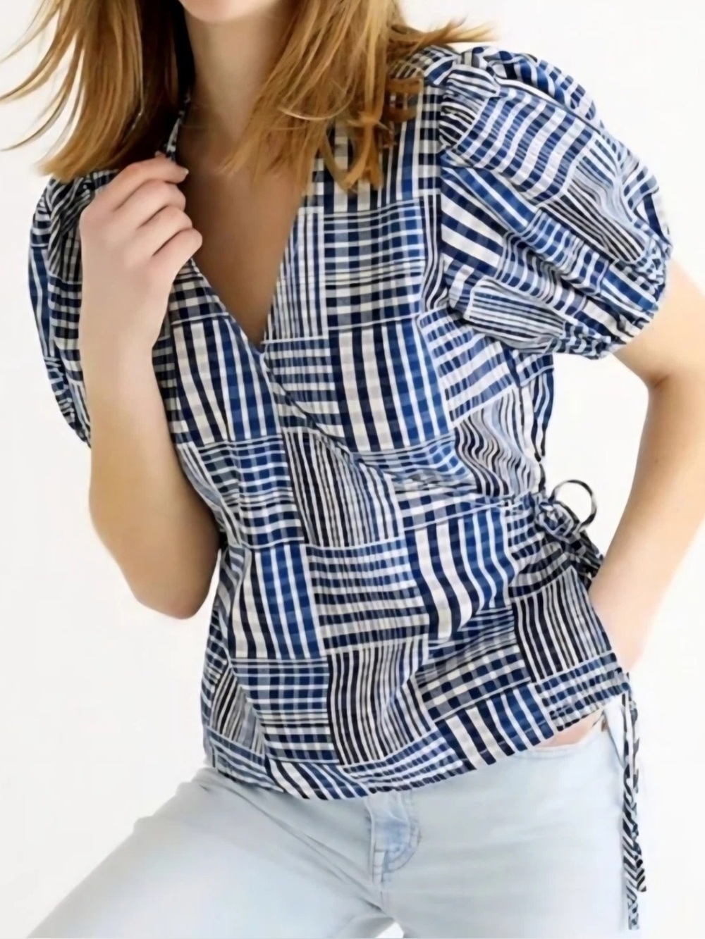 J. Crew Puff sleeve wrap top indigo blue white patchwork plaid size XL